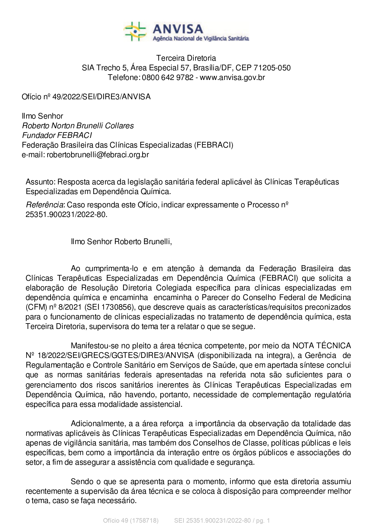 Of. 49-2022 - FEBRACI (Resposta acerca da legislação sanitária federal aplicável às Clínicas Terapêuticas)_page-0001